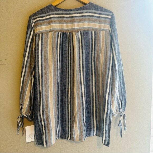 Ellen Tracy Womens Linen Blend Blue Striped 3/4 Sleeve Button Front Blouse Sz M - Picture 2 of 8